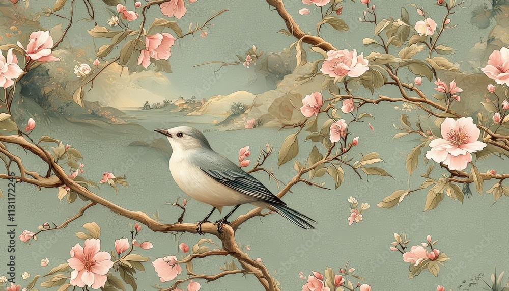 Obraz premium Delicate Bird Perched on Blooming Cherry Blossom Branch in Tranquil Floral Garden Scene
