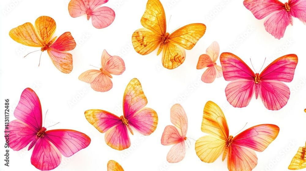 Fototapeta premium Fluttering pink-golden butterflies arranged dynamically on a white background, creating an enchanting and lively display.