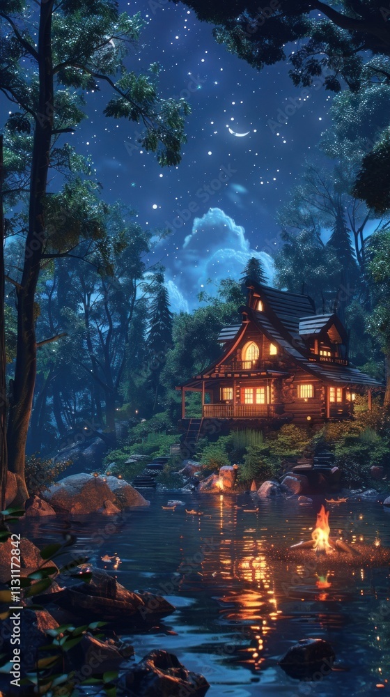 Obraz premium Cozy rustic wooden cabin nestled in a serene forest surrounded by towering trees with a glowing reflection in the tranquil river below and a breathtaking starry night sky overhead