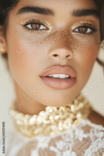 woman with glowing radient skin wearing a bulky golden neckles close up, muted mocha brown tones photo