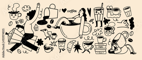 Coffee vector illustration set in trendy flat simple linear style, funny mascot and cartoon character, friendly sticker and badge for advertising, social media