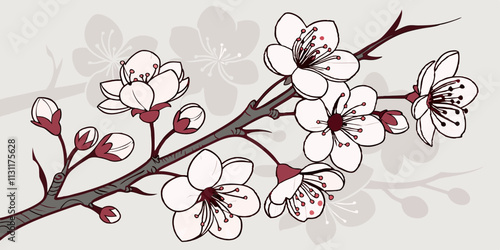 Blossoms on a light gray background with a watercolor wash effect.
