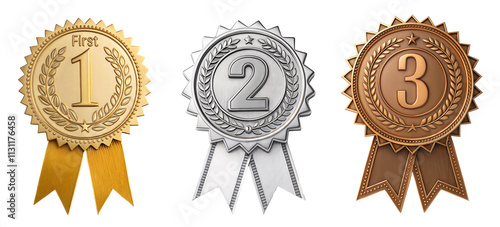 Set of three badges for first three winners . Gold, silver and bronze badges. isolated on transparent background with a clipping path	
