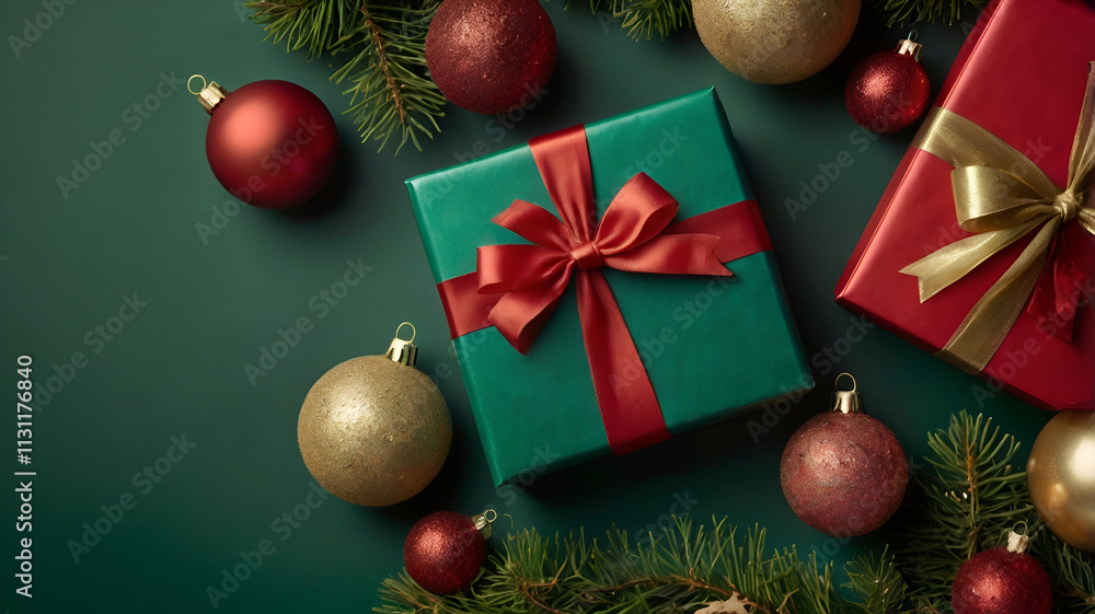 Fototapeta premium A beautifully wrapped Christmas gift rests on a decorated surface, surrounded by festive ornaments and holiday cheer.
