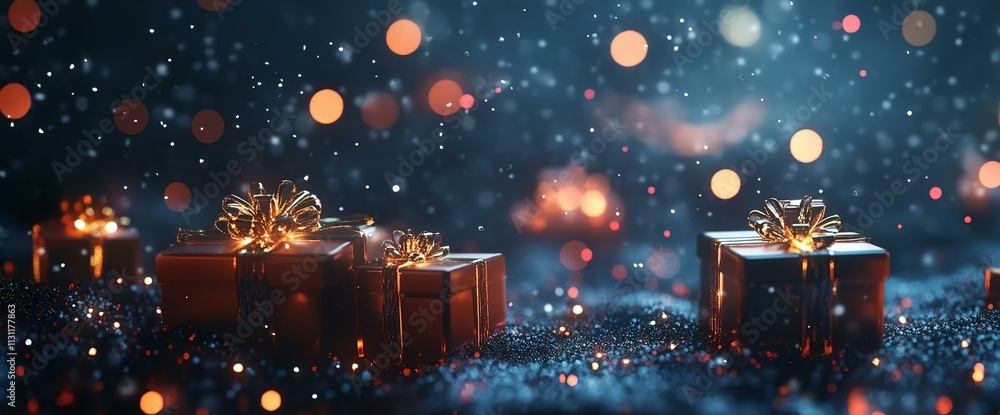 © Ace64 Studio - 3D rendering of a Christmas background with gift boxes and bokeh lights. New Year celebration concept banner design. Christmas gifts on a dark blue background with glowing light particles. © Ace64 Studio - 3D rendering of a Christmas background with gift boxes and bokeh lights. New Year celebration concept banner design. Christmas gifts on a dark blue background with glowing light particles.