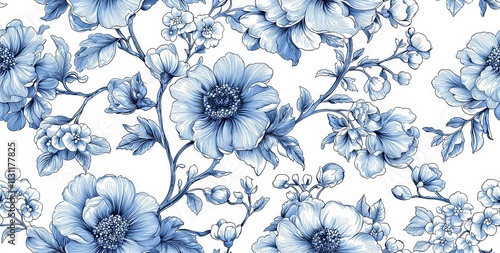 Elegant Blue Floral Botanical Pattern with Vintage Inspired Damask Design photo