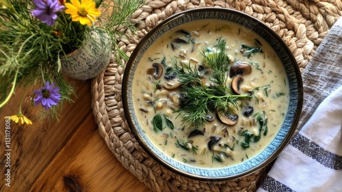 A bowl of creamy mushroom soup garnished with herbs, surrounded by a natural setting.