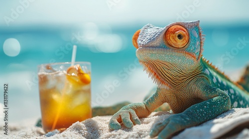 Chameleon on a sandy beach, lying on a towel, soaking in the sun with a drink by its side, fully enjoying a sunny beach getaway. photo