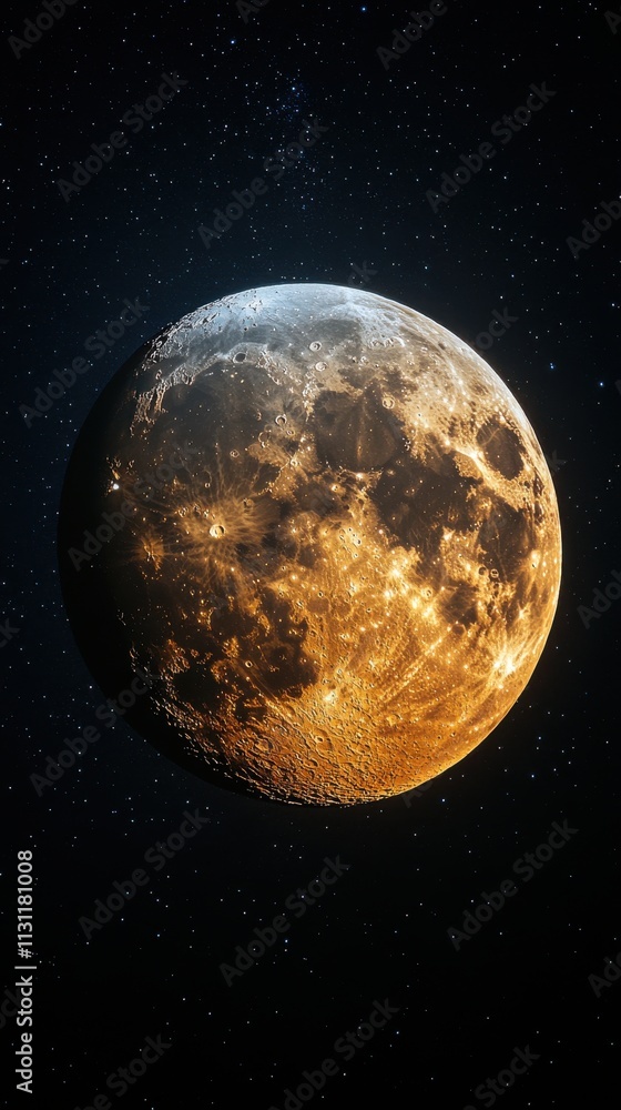 Fototapeta premium A detailed view of a celestial body resembling a moon in a starry space background.
