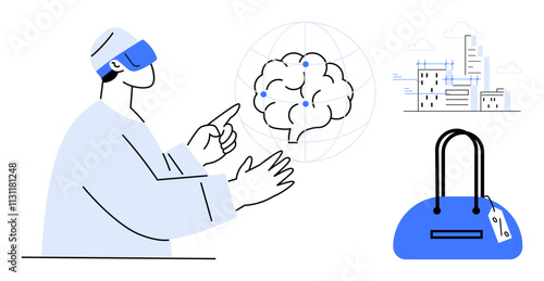Medical professional using VR headset pointing at a brain model, smart city infrastructure, digital shopping with price tag. Ideal for technology, healthcare, neuroscience, smart cities, e-commerce