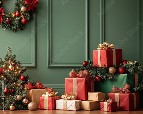 Holiday gift giving celebration festive living room image of decorated christmas scene cozy environment close-up view ai generated aesthetics photo