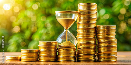 Gold coins are arranged in stacks beside an hourglass filled with sand, all set on a wooden table against a softly blurred green background, evoking themes of investment and time management photo