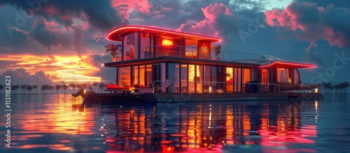 Luxurious floating lakeside house with a contemporary eco friendly design nestled in a serene and picturesque natural setting  The stunning sunset reflection on the calm