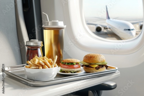 Domestic airline flight concept. In-flight meal with burger, fries, and drink beside airplane window.