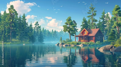 Picturesque lakeside cabin nestled in a lush forested wilderness landscape with a tranquil lake mountain backdrop and serene reflection on the calm water surface