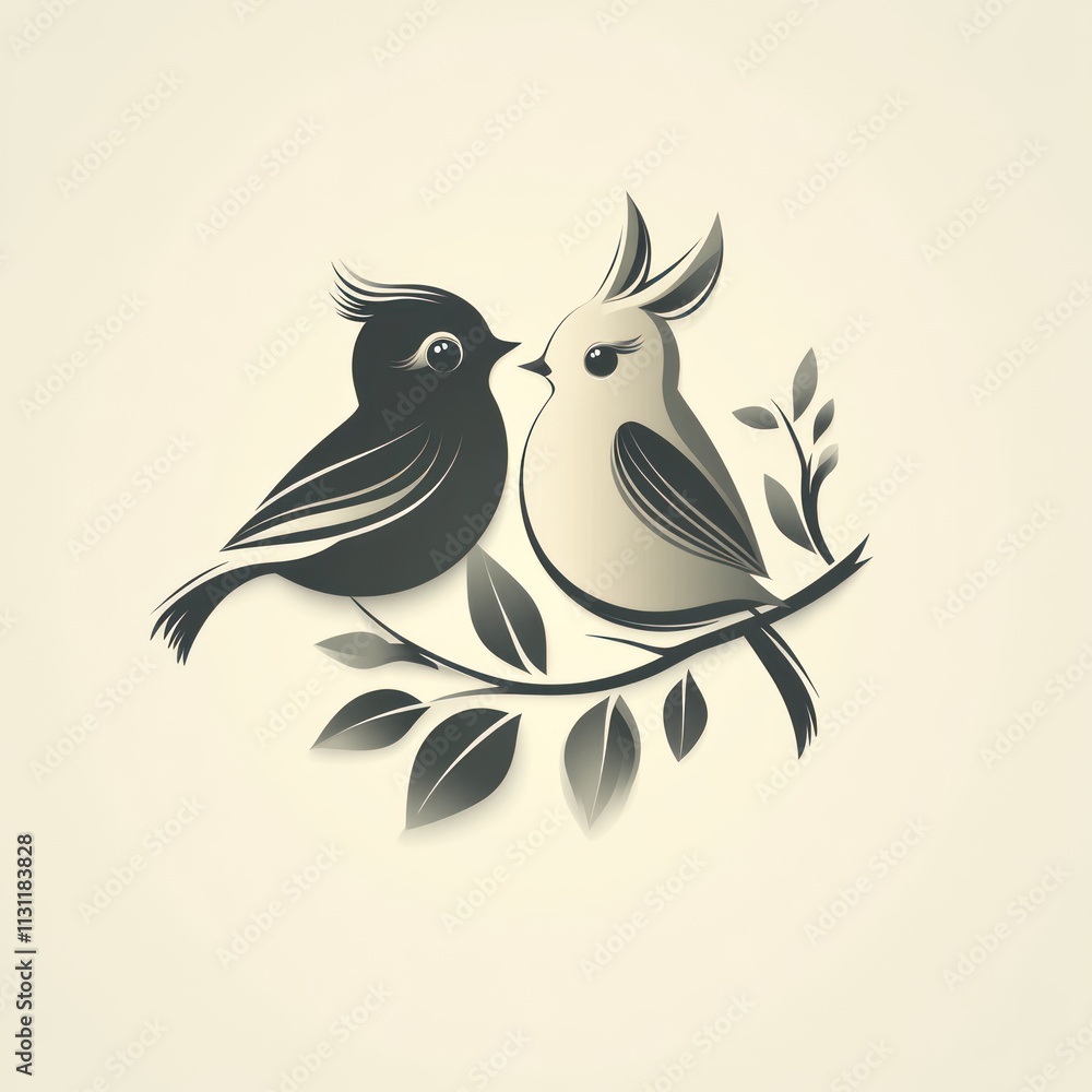 Fototapeta premium Two stylized birds, facing each other, perched on a branch with leaves, in a vintage, elegant design.