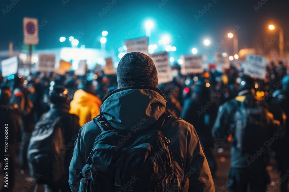 Protesters Gather in Crowds at Night Holding Banners and Signs Protesters Gather in Crowds at Night Holding Banners and Signs