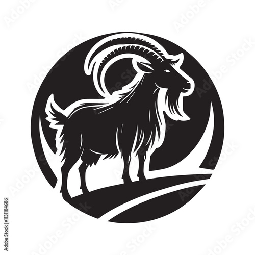 Goat Silhouette Vector Illustration, Solid White Background.