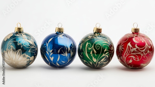 Christmas set of shiny bauble isolated on a white background. Blue, red, green and golden festive decorations. Banner. photo