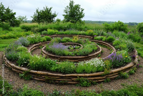 Exploring a vibrant herb spiral in a serene backyard garden setup photo