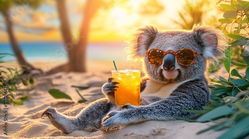 Chill koala relaxing on a sunny beach, wearing sunglasses and sipping a tropical drink, enjoying a peaceful vacation. photo