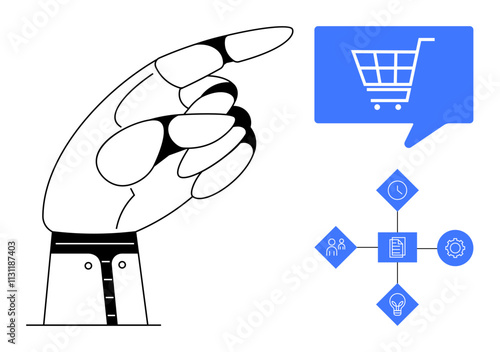 Human hand pointing towards shopping cart symbol within speech bubble, connected to icons of people, clock, document, and gear. Ideal for e-commerce, business strategy, workflow optimization, project