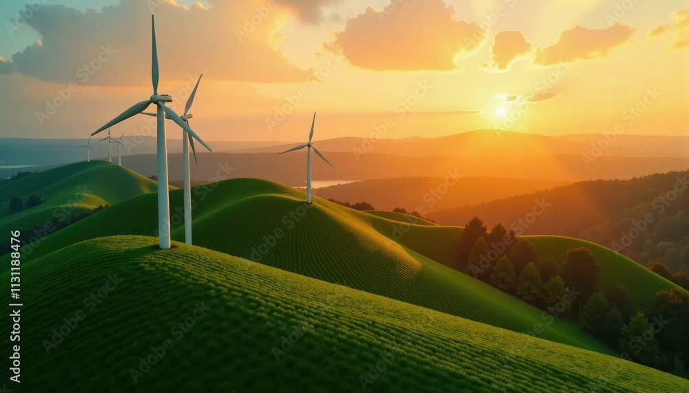 Obraz premium Wind turbines on rolling green hills under a warm sunset sky, showcasing renewable energy and environmental consciousness.