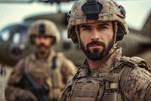 Portrait of a brave soldier in uniform. Helicopter in the background. 