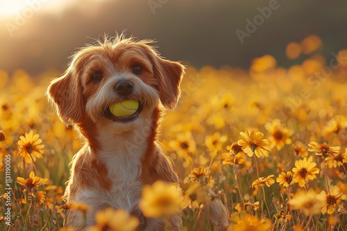 Petit Basset Griffon Vendeen leaps playfully vibrant floral meadow clutching bright tennis ball its teeth. warm midday sun enhances its cheerful demeanor. photo