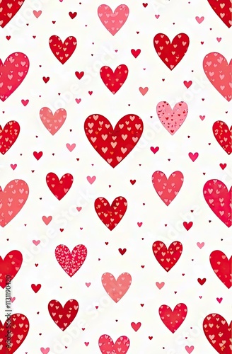 A pattern of red and pink hearts of different sizes on a white background. Simple background for Valentine's Day