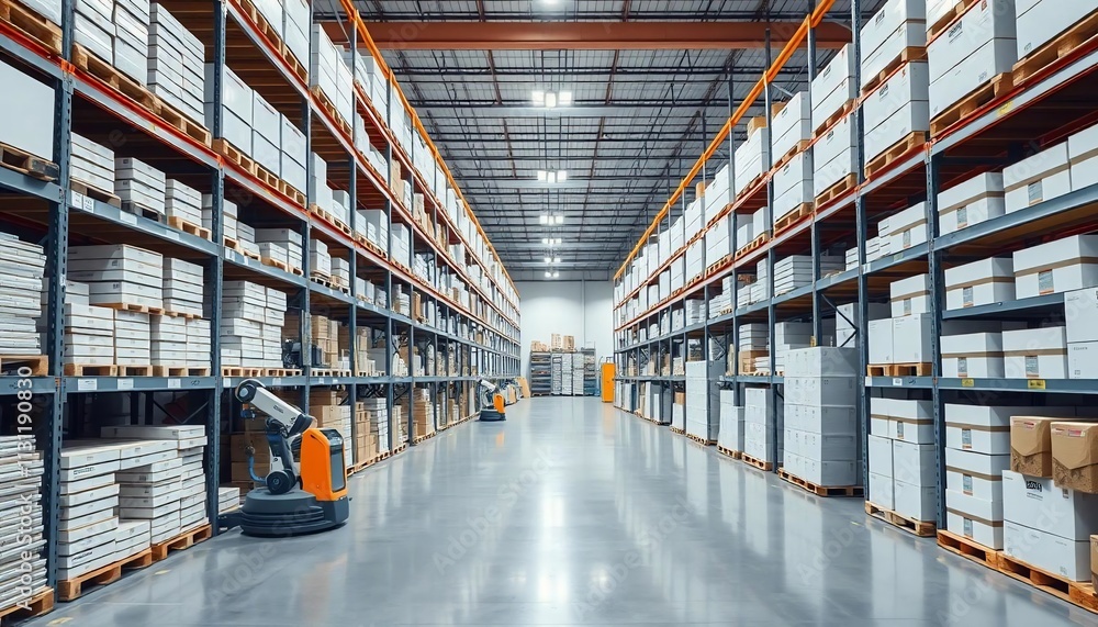 Obraz premium Modern Warehouse Interior with Automated Robots High Shelves and Cargo Boxes