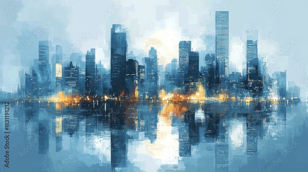 Fototapeta premium Abstract urban skyline with reflections at dusk