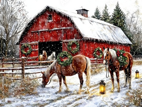 Festive snowy farmyard with a red barn and grazing horses in a magical winter setting