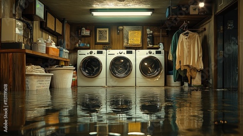 Flooded basement laundry room with water on floor and washing machines photo