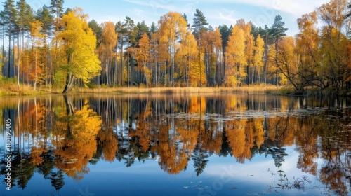 Tranquil Lake in a Lush Forest. Serenity and Abundance of Nature concept