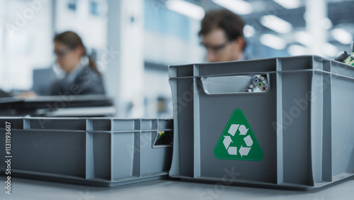 Fényképezés Close-Up Shot Of Boxes With Computer Parts Sorted For Recycling At Sustainable Electronics Factory