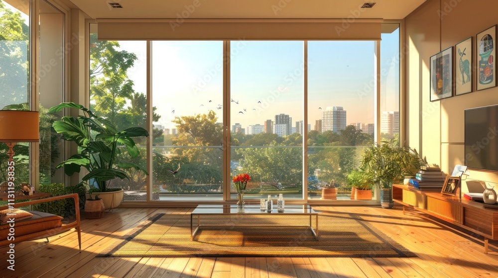 Fototapeta premium Cozy and contemporary apartment interior with large windows overlooking a captivating city skyline Beautifully designed living space with minimalist furniture lush plants and a bright
