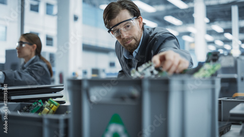 Caucasian Male And Female Employees Taking Apart Old Laptops To Recycle Components For Sustainable Production Of Electronic Devices At Electronics Factory. People Unscrewing, Sorting Motherboards. photo