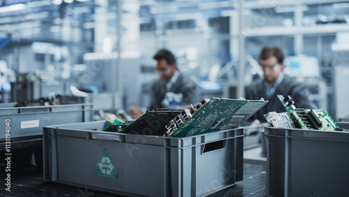 Vászonkép Indian And Caucasian Male Workers Taking Apart Laptops To Recycle For Production Of Digital Devices At Automated Electronics Factory With Robotic Arms