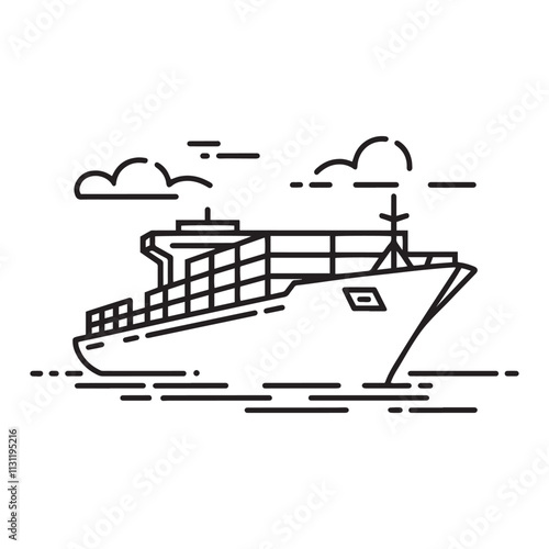 cargo ship outline, container ship line art, export ship vector and logo design icon