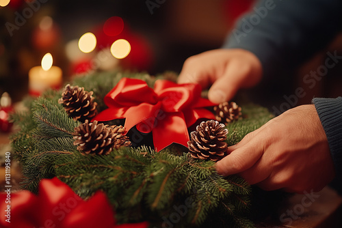 Christmas tree and gifts. Assembling a wreath with dry branches, red ribbons and pine cones in a beautiful and inspiring New Year decoration photo