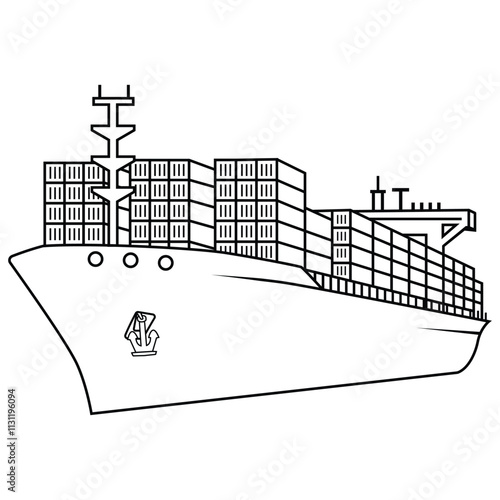 Cargo ship vector, container ship outline vector art illustration