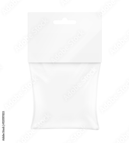 Transparent plastic bag with paperboard label mockup. Vector illustration isolated on white background. Ready for your design, promo, adv. EPS10.