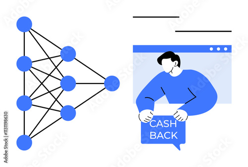 Person holding a cashback sign within a web browser window and a network of connected nodes. Ideal for online payment systems, e-commerce, customer rewards programs, digital transactions