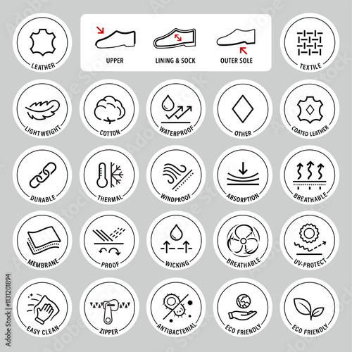 Set icons for shoes materials. The outline icons are well scalable and editable. Contrasting vector elements are good for different backgrounds. EPS10.	