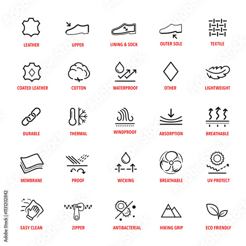 Set icons for shoes materials. The outline icons are well scalable and editable. Contrasting vector elements are good for different backgrounds. EPS10.	