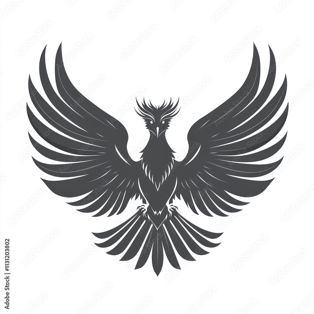 Obraz premium Majestic dark gray phoenix with wings spread wide, isolated on white background.
