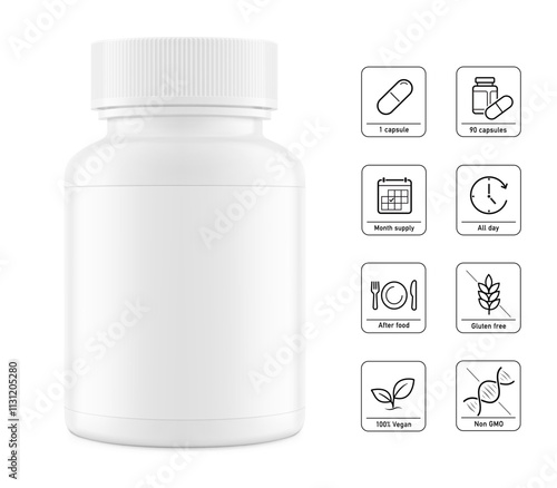 Plastic packer pill bottle mockup with child resistant cap and label for treats, vitamins, supplements isolated on white background. Vector illustration. Mockup is ideal for health projects. EPS10.