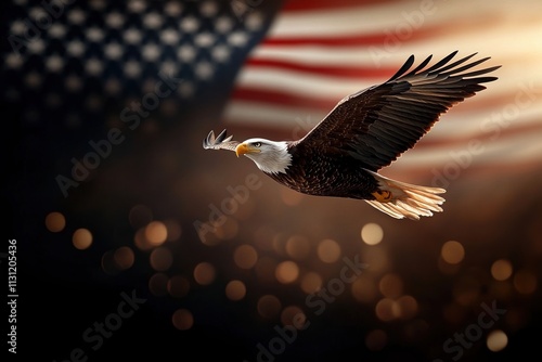 Majestic eagle soaring with American flag backdrop celebrating freedom and independence on a sunny day photo