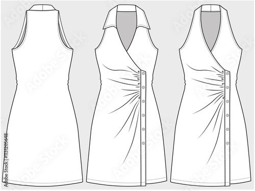 HALTER NECK SHORT LENGTH DRESS WITH ASYMMETRIC BUTTONED DETAIL DESIGNED FOR YOUNG WOMEN AND WOMEN IN VECTOR FILE